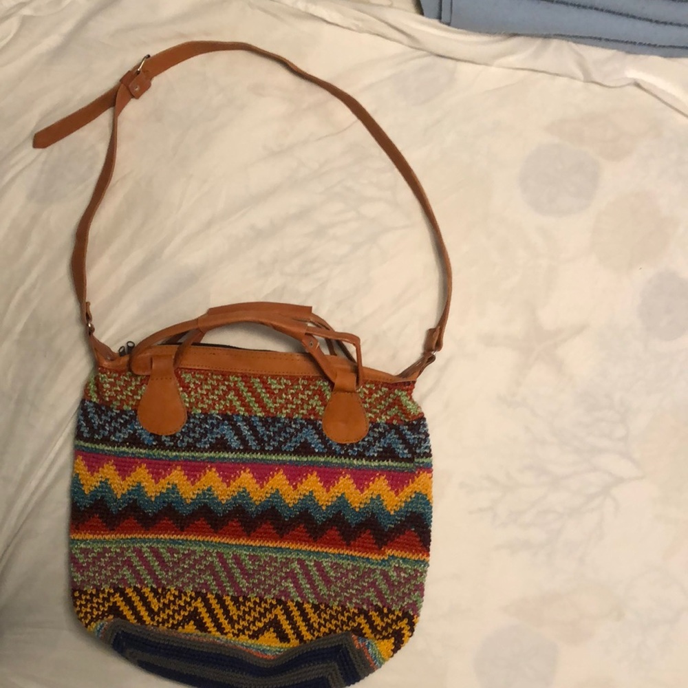 Blue, pink and yellow fish knot cotton purse.  Made by Bamboo Threads
